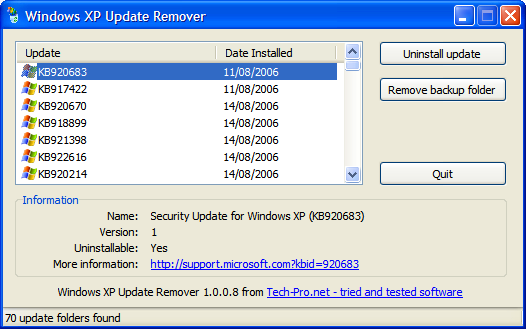 Windows XP Update Remover per elimare aggiornamenti e file di backup