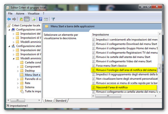 Come nascondere l’area delle notifiche e/o l’orologio in Windows 7