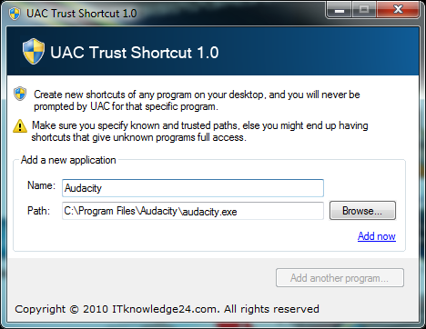 UAC Trust per bypassare sempre lo UAC di Windows di una applicazione