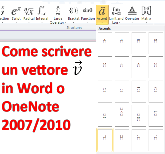 Come scrivere un vettore in Office Word o OneNote 2007/2010